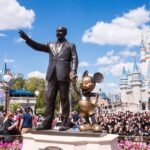 "A budget-friendly Disney trip plan with a magical Disney castle in the background and symbols of savings like a wallet and calculator."