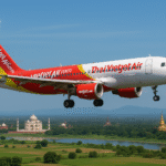 An airplane with Thai VietJet Air branding flying above scenic Indian and Thai landscapes
